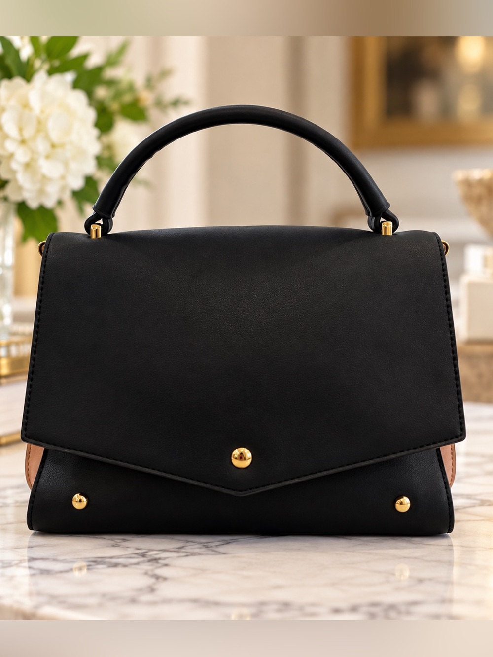 Melie Bianco Black Vegan Leather Structured Satchel Hand